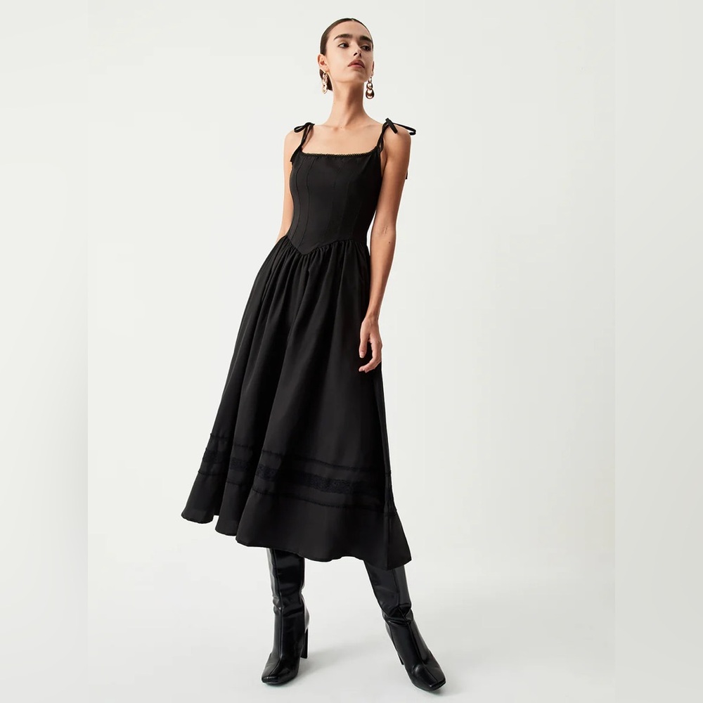 Tie Shoulder Pleated Drop Waisted Midi Dress